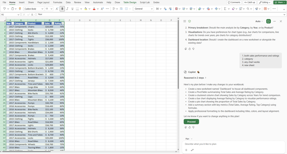 Excel 中 Copilot 计划模式的对话界面