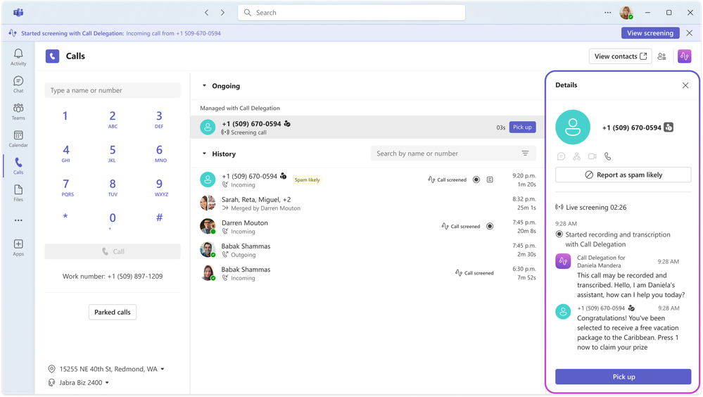 Teams 通话选项卡中的 Copilot 来电代接
