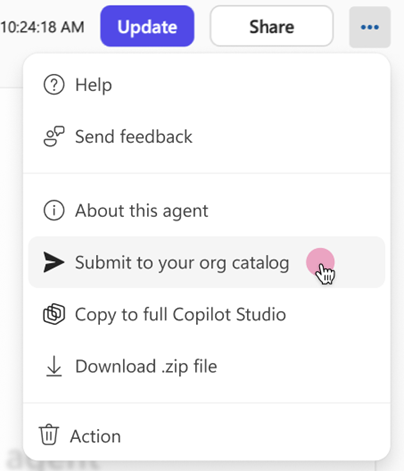 Agent Builder 中的「提交到组织目录」菜单