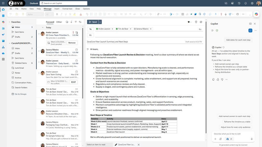 Outlook 中 Copilot 直接在画布内撰写初稿