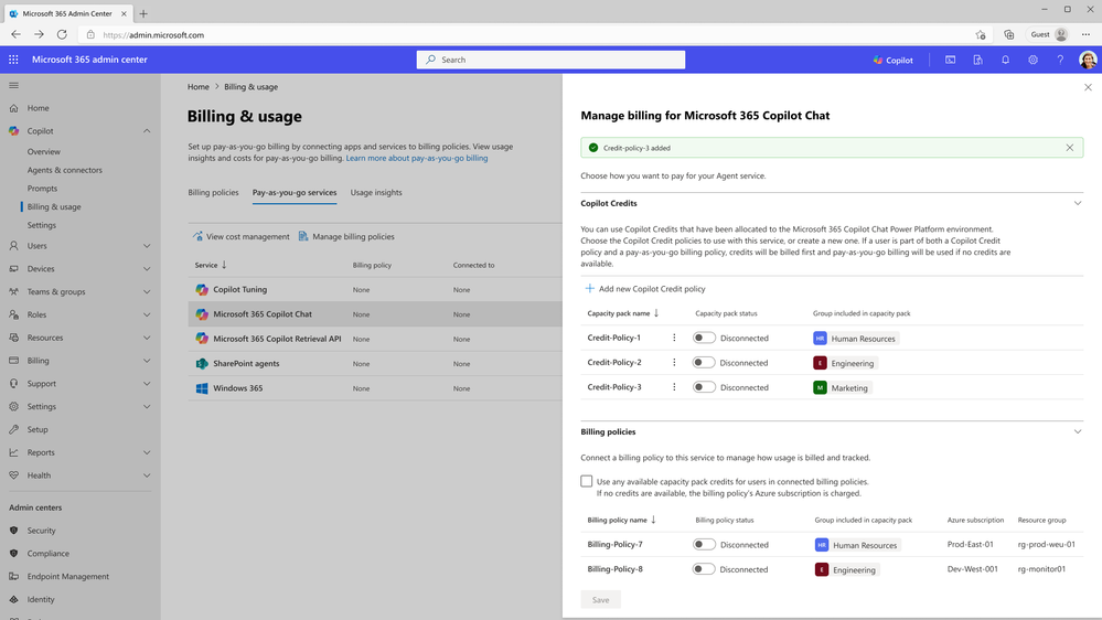 Microsoft 365 管理中心的「计费与用量」页面