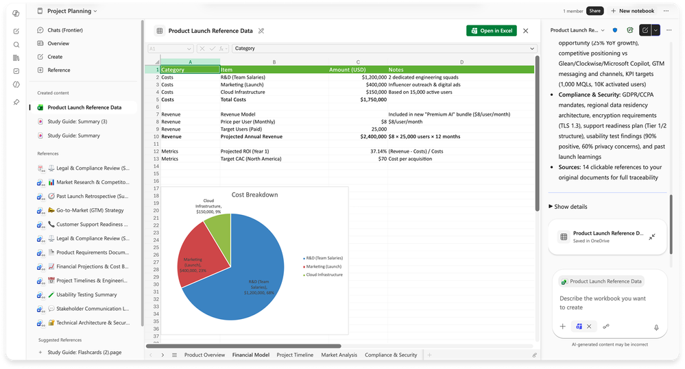由 Excel 代理基于笔记本内容生成的电子表格
