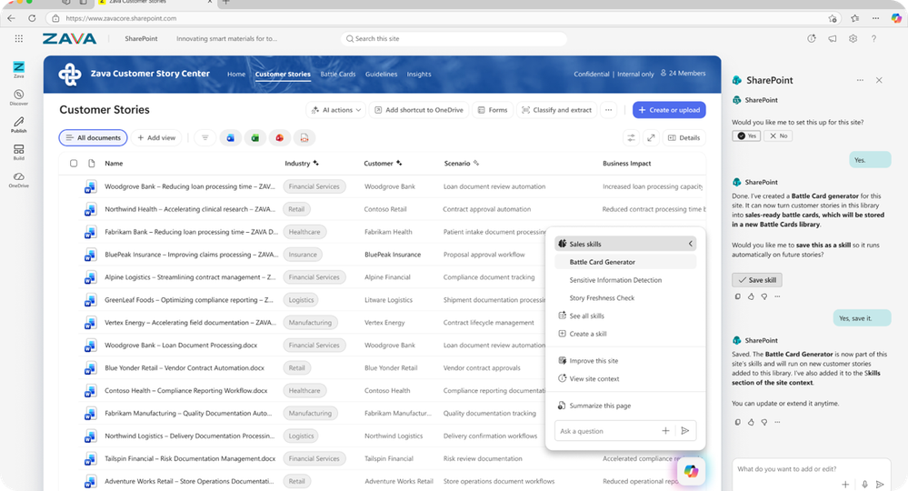 SharePoint 文档库中的 Copilot 自定义技能