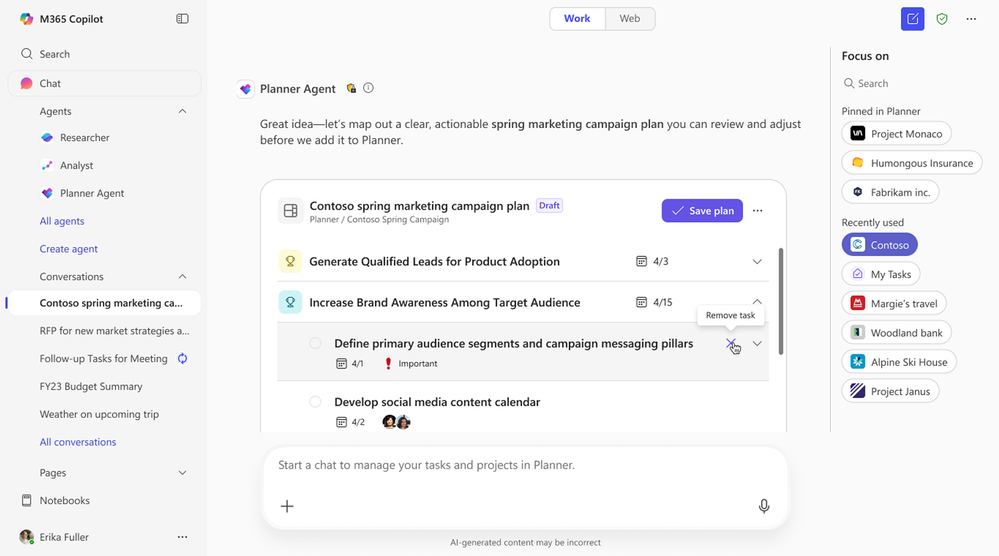 Copilot 中的 Planner 代理任务卡片