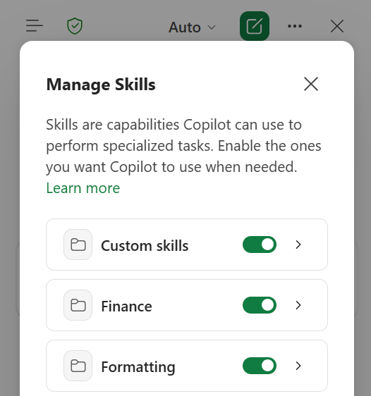 Excel 中 Copilot 的技能管理选项
