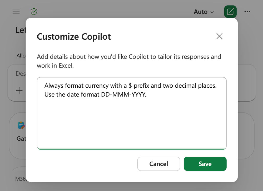 Excel 中的「自定义 Copilot」个性化设置