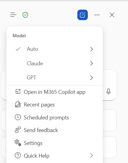 Word 中 Copilot 的模型选择菜单