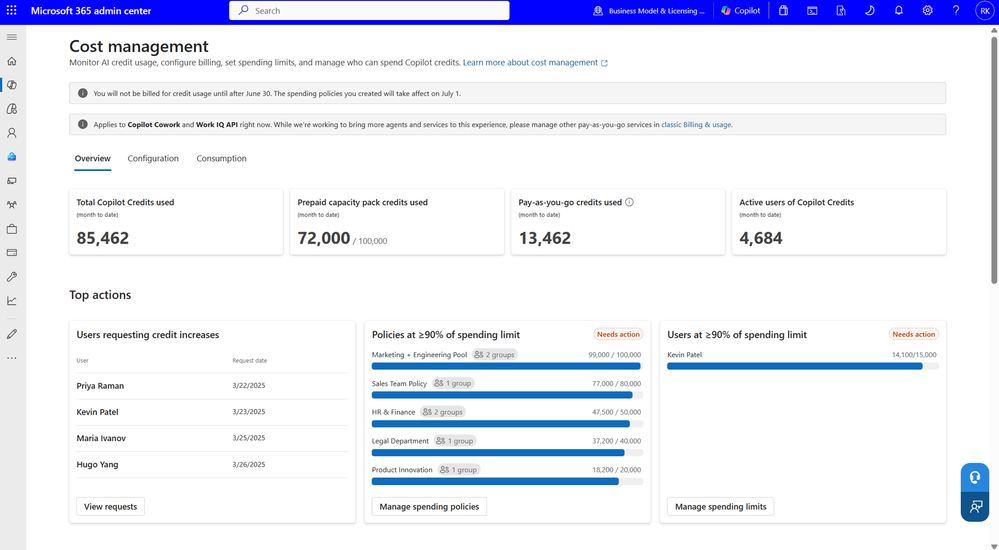 Microsoft 365 管理中心的成本管理页面