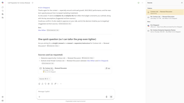 Copilot 回复中包含 Dataverse 数据的引文