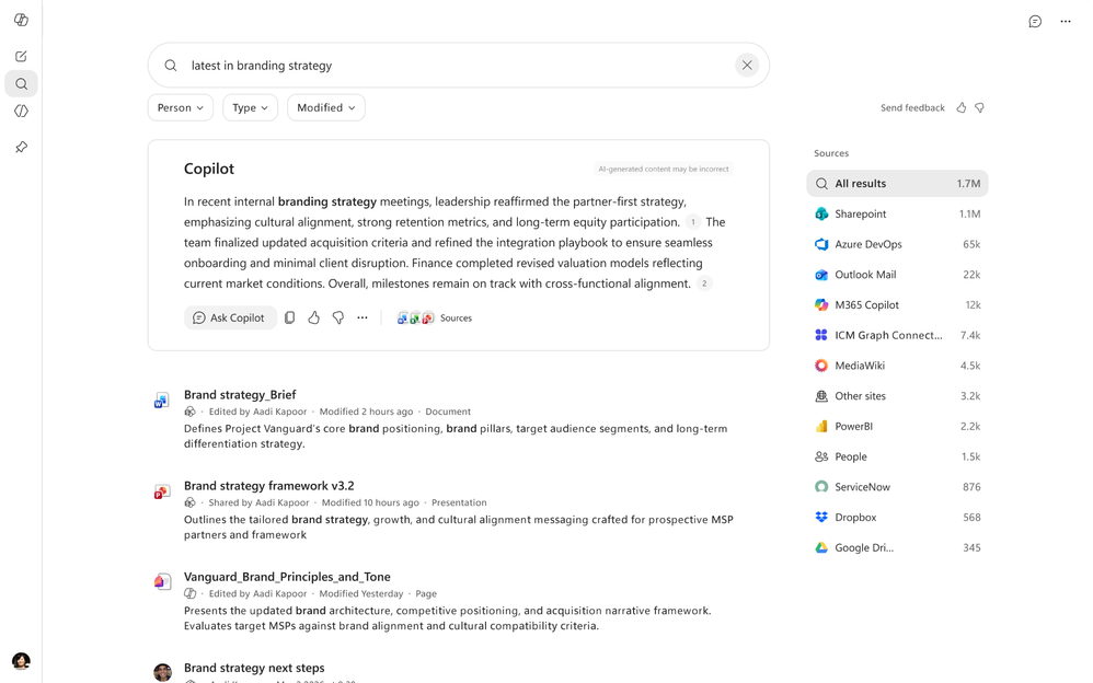 Copilot Search 模块中的 Copilot 答案