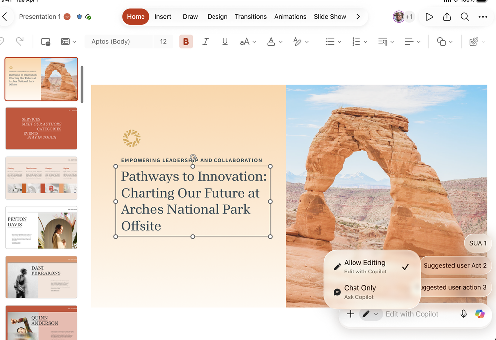 iPad 上使用 PowerPoint 中的 Copilot 编辑演示文稿