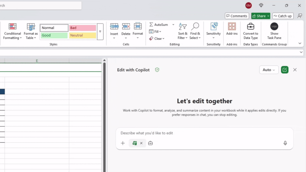 Excel 中的 Copilot 更改历史技能