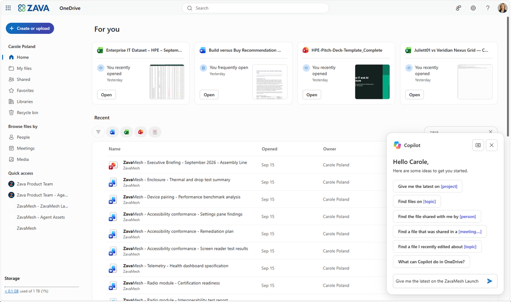 OneDrive 文件夹中的 Copilot 界面