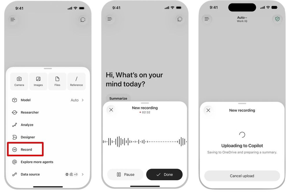 在 Copilot 移动应用中录音,并将内容交给 Copilot 整理