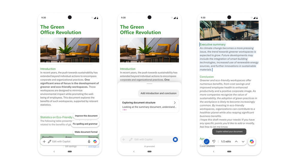 Android 版 Word 中的 Copilot 编辑体验